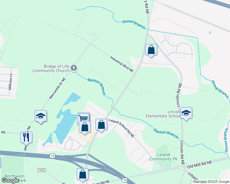 map of restaurants, bars, coffee shops, grocery stores, and more near 9171 Arden Road Northeast in Leland