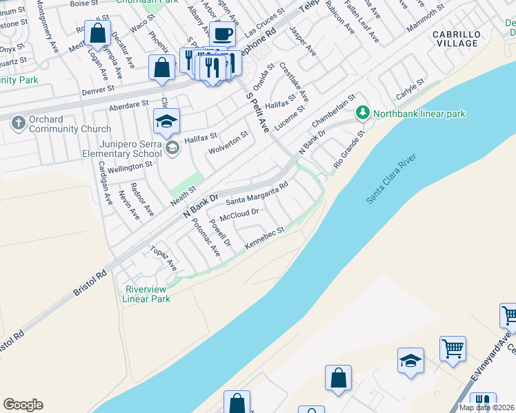 map of restaurants, bars, coffee shops, grocery stores, and more near 9046 McCloud Drive in Ventura