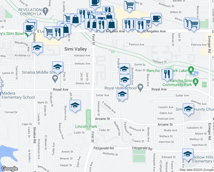 map of restaurants, bars, coffee shops, grocery stores, and more near 1430 Clayton Way in Simi Valley