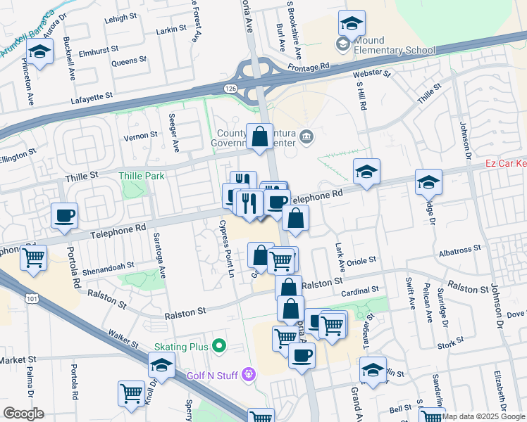 map of restaurants, bars, coffee shops, grocery stores, and more near 5752 Telephone Road in Ventura