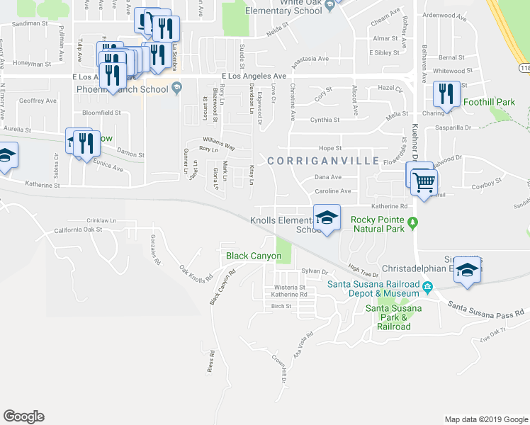 map of restaurants, bars, coffee shops, grocery stores, and more near 1406 Elm Court in Simi Valley