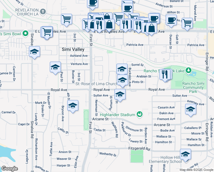 map of restaurants, bars, coffee shops, grocery stores, and more near 1230 Royal Avenue in Simi Valley