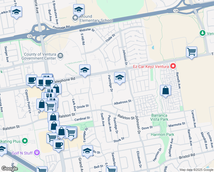 map of restaurants, bars, coffee shops, grocery stores, and more near 1407 East Drive in Ventura