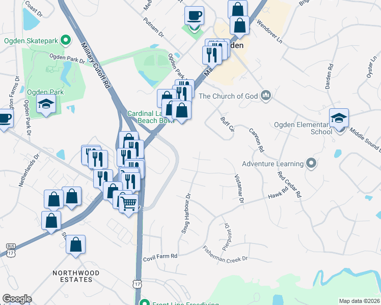 map of restaurants, bars, coffee shops, grocery stores, and more near 7015 Rock Creek Cir in Wilmington