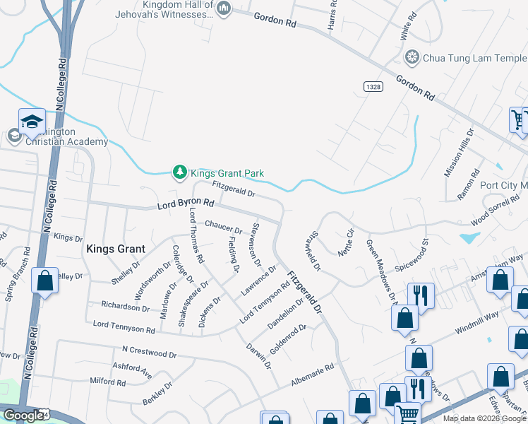 map of restaurants, bars, coffee shops, grocery stores, and more near 5202 Lord Byron Road in Wilmington