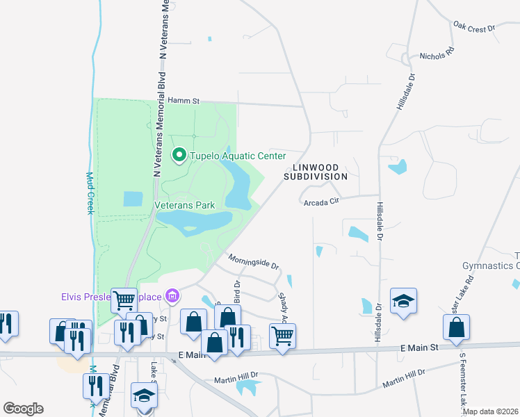 map of restaurants, bars, coffee shops, grocery stores, and more near 600-748 Elvis Presley Drive in Tupelo