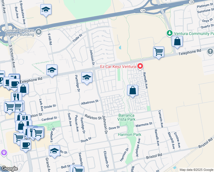 map of restaurants, bars, coffee shops, grocery stores, and more near 41 Pheasant Lane in Ventura