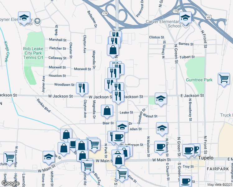 map of restaurants, bars, coffee shops, grocery stores, and more near 619 North Gloster Street in Tupelo