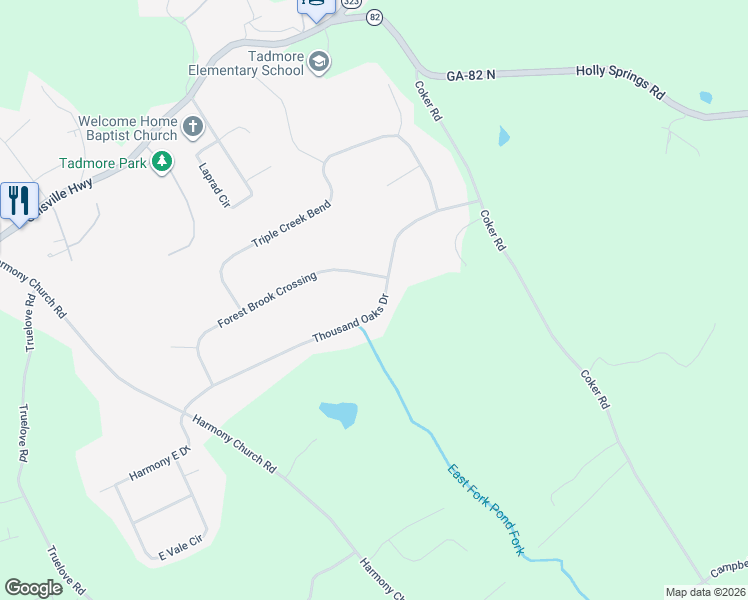 map of restaurants, bars, coffee shops, grocery stores, and more near 3285 Thousand Oaks Drive in Gainesville