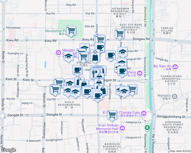 map of restaurants, bars, coffee shops, grocery stores, and more near 186 Jie Fang Lu in Xi An Shi