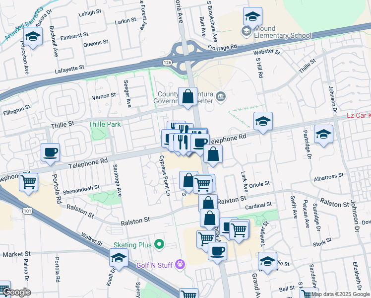 map of restaurants, bars, coffee shops, grocery stores, and more near 5752 Telephone Road in Ventura