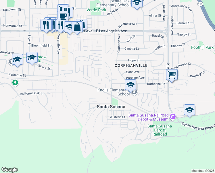 map of restaurants, bars, coffee shops, grocery stores, and more near 1430 Elm Court in Simi Valley