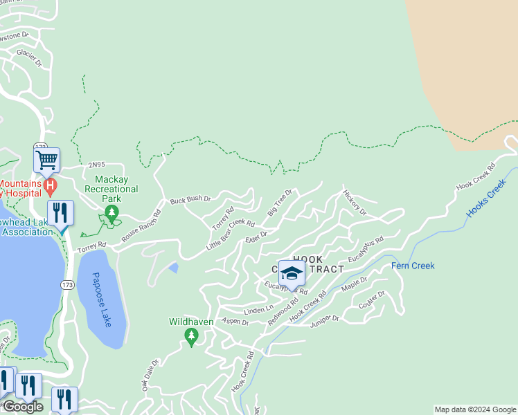 map of restaurants, bars, coffee shops, grocery stores, and more near Ironbark Lane in Lake Arrowhead