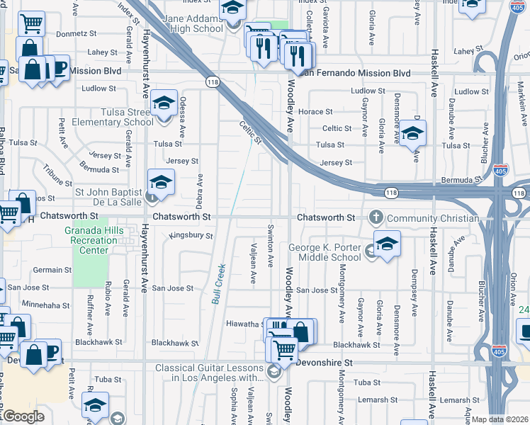 map of restaurants, bars, coffee shops, grocery stores, and more near 16243 Chatsworth Street in Los Angeles