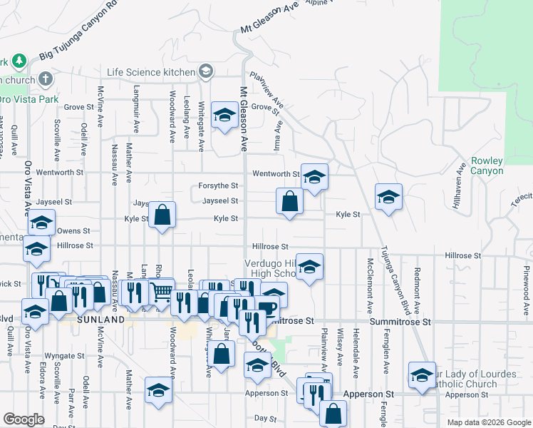 map of restaurants, bars, coffee shops, grocery stores, and more near 7750 Kyle Street in Los Angeles