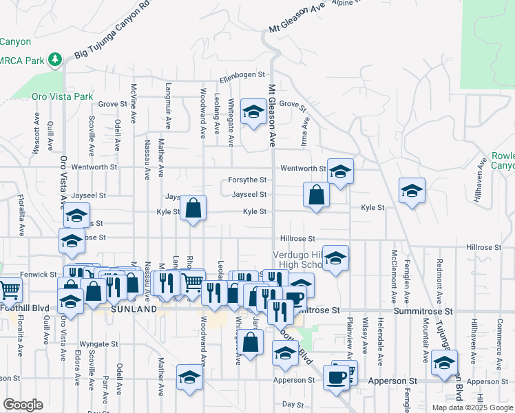 map of restaurants, bars, coffee shops, grocery stores, and more near 7831 Kyle Street in Los Angeles