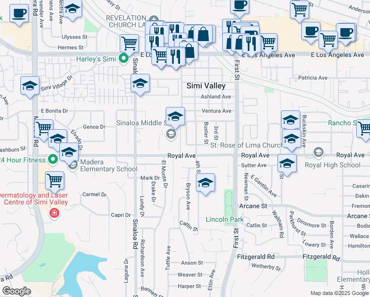 map of restaurants, bars, coffee shops, grocery stores, and more near 744 Dennis Avenue in Simi Valley