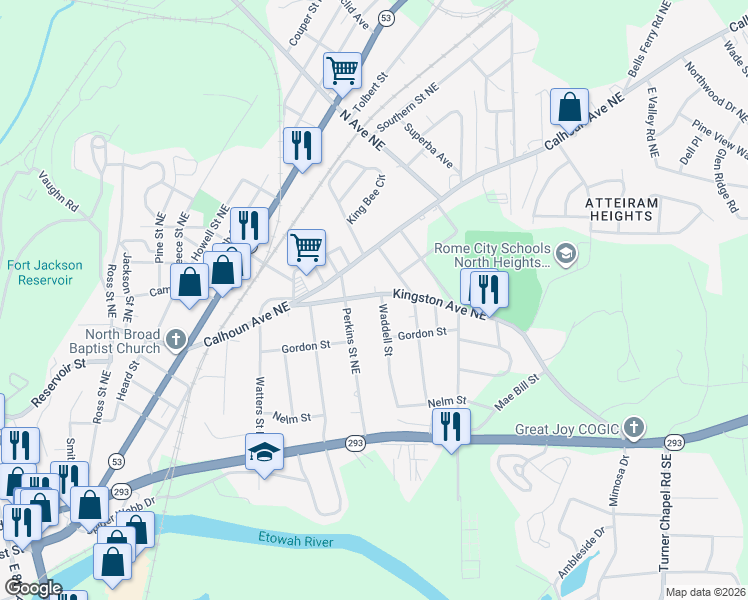 map of restaurants, bars, coffee shops, grocery stores, and more near 302 Kingston Avenue Northeast in Rome
