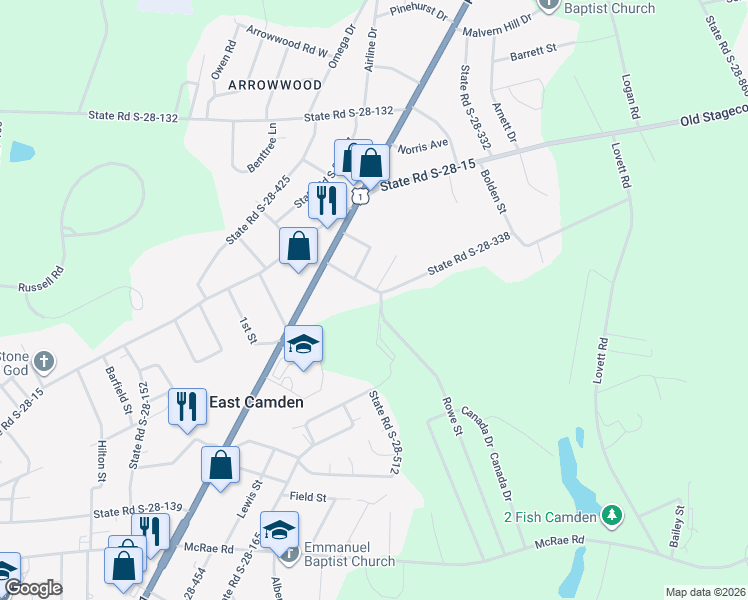 map of restaurants, bars, coffee shops, grocery stores, and more near 1314 Skyview Drive in Camden