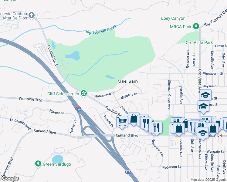 map of restaurants, bars, coffee shops, grocery stores, and more near 8985 Riderwood Drive in Los Angeles