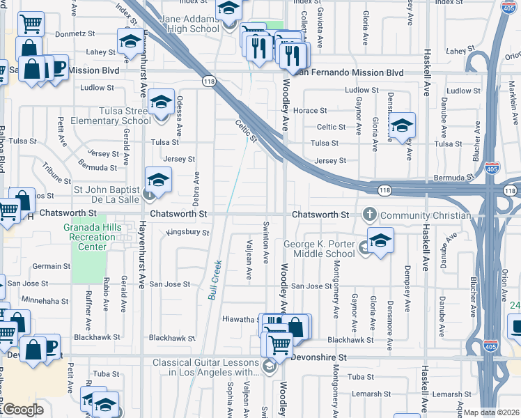 map of restaurants, bars, coffee shops, grocery stores, and more near 16243 Chatsworth Street in Los Angeles