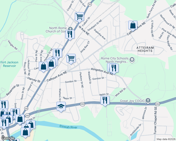 map of restaurants, bars, coffee shops, grocery stores, and more near 302 Kingston Avenue Northeast in Rome