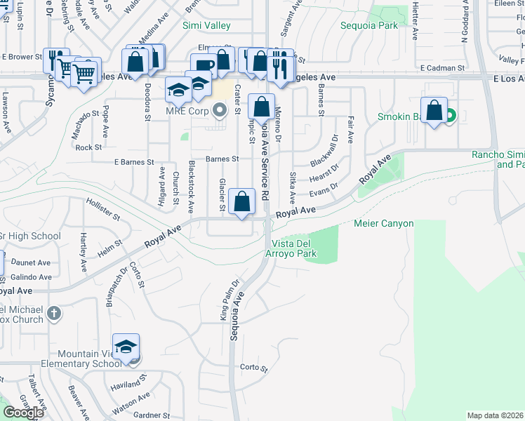 map of restaurants, bars, coffee shops, grocery stores, and more near 1421 Sequoia Avenue in Simi Valley
