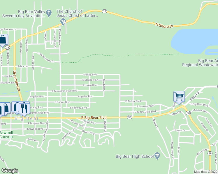 map of restaurants, bars, coffee shops, grocery stores, and more near 700 Mountain Lane in Big Bear