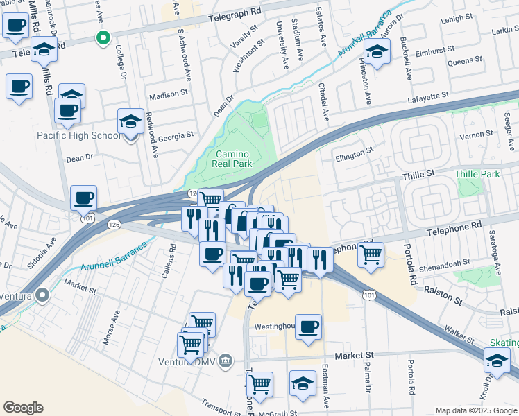 map of restaurants, bars, coffee shops, grocery stores, and more near 41 Copland Circle in Ventura