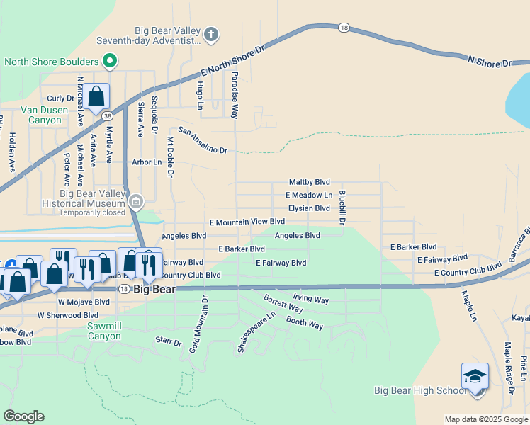 map of restaurants, bars, coffee shops, grocery stores, and more near 436 Elysian Boulevard in Big Bear