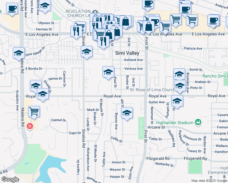 map of restaurants, bars, coffee shops, grocery stores, and more near 744 Dennis Avenue in Simi Valley