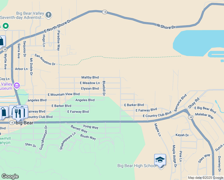 map of restaurants, bars, coffee shops, grocery stores, and more near 726 Elysian Boulevard in Big Bear