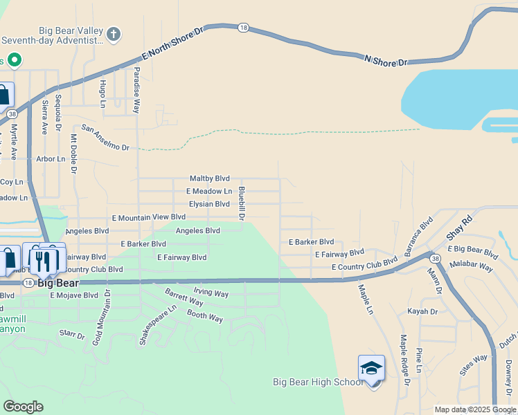 map of restaurants, bars, coffee shops, grocery stores, and more near 724 Elysian Boulevard in Big Bear
