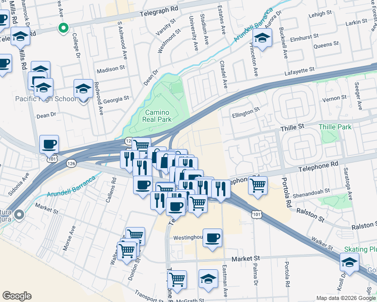 map of restaurants, bars, coffee shops, grocery stores, and more near 80 Copland Circle in Ventura