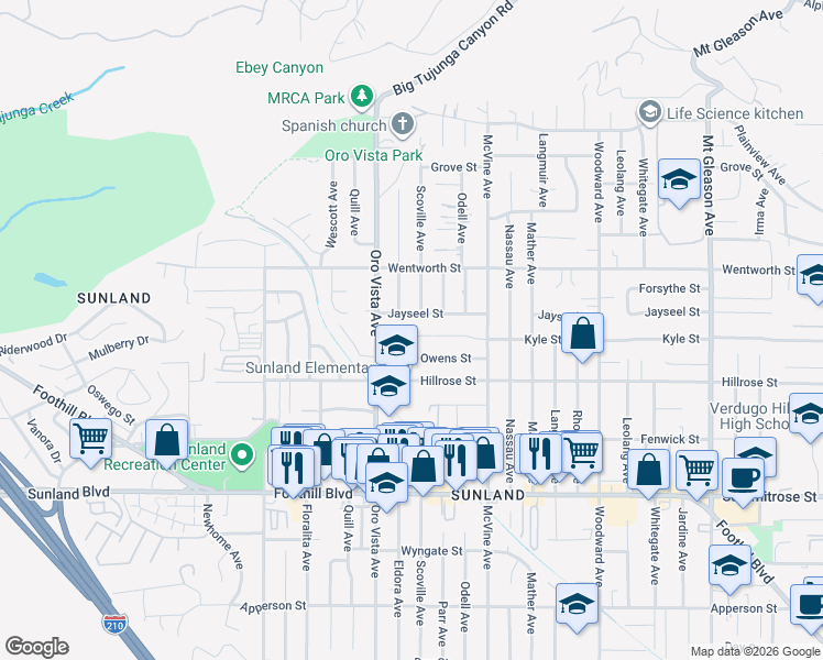 map of restaurants, bars, coffee shops, grocery stores, and more near 8325 Kyle Street in Los Angeles