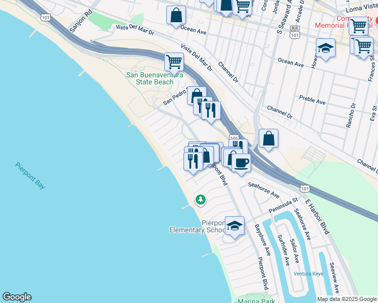 map of restaurants, bars, coffee shops, grocery stores, and more near 1049 Dover Lane in Ventura