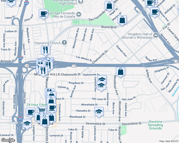 map of restaurants, bars, coffee shops, grocery stores, and more near 15037 Chatsworth Street in Los Angeles