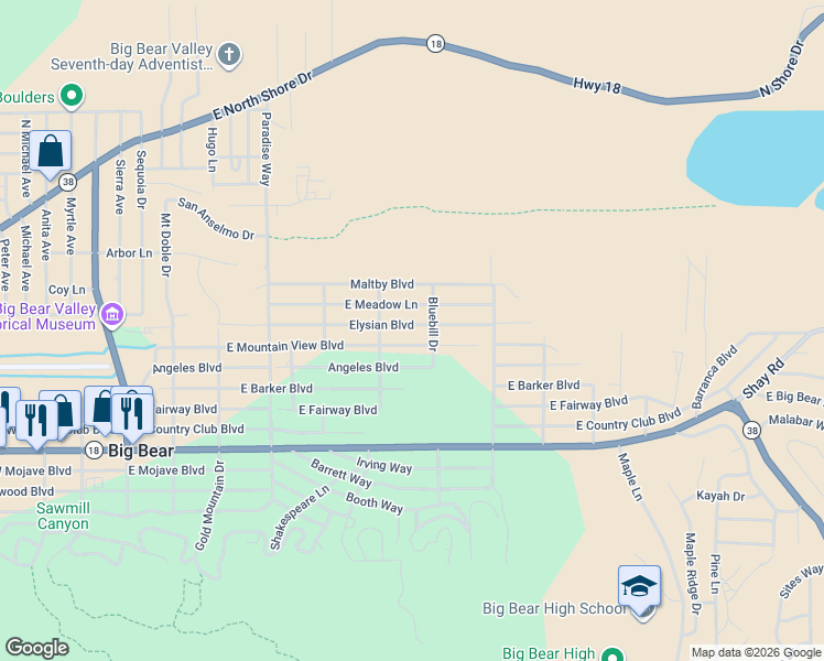 map of restaurants, bars, coffee shops, grocery stores, and more near 626 Elysian Boulevard in Big Bear