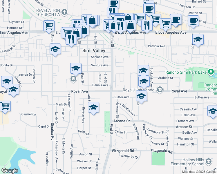 map of restaurants, bars, coffee shops, grocery stores, and more near 1070 Dennis Avenue in Simi Valley
