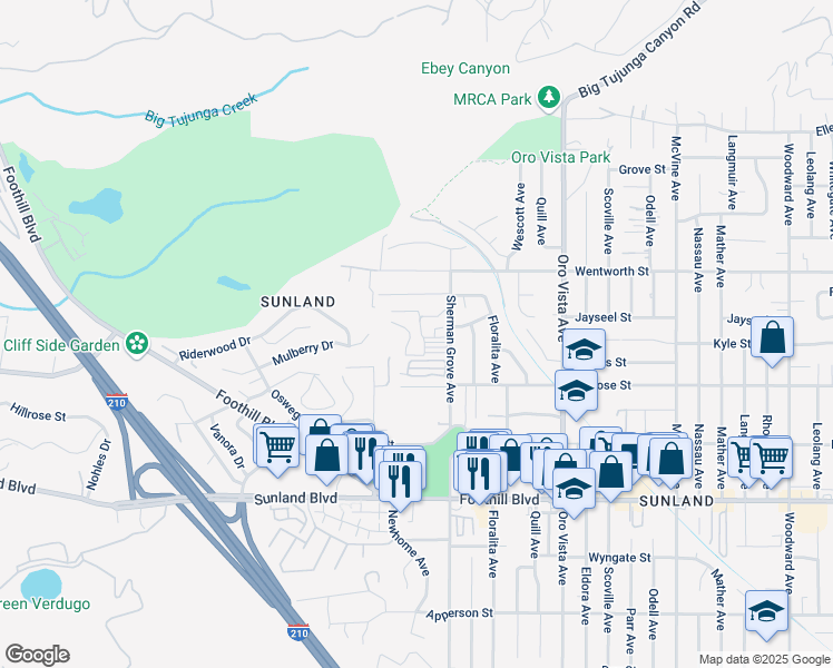 map of restaurants, bars, coffee shops, grocery stores, and more near 10799 Sherman Grove Avenue in Los Angeles