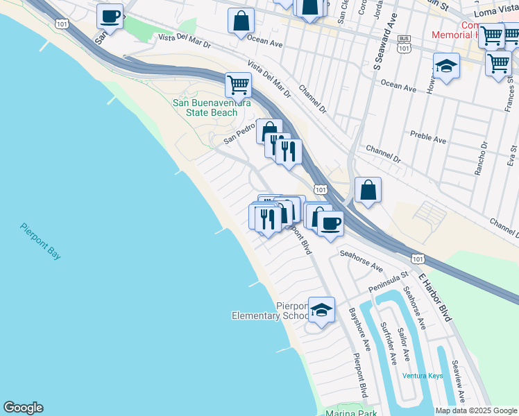 map of restaurants, bars, coffee shops, grocery stores, and more near 1049 Dover Lane in Ventura