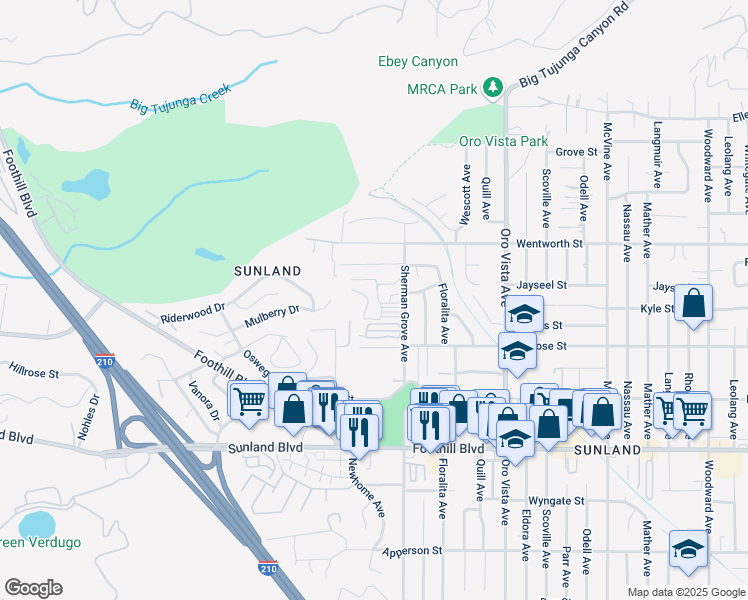 map of restaurants, bars, coffee shops, grocery stores, and more near 10799 Sherman Grove Avenue in Los Angeles
