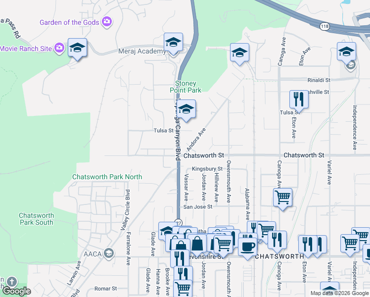 map of restaurants, bars, coffee shops, grocery stores, and more near 21930 Chatsworth Street in Los Angeles