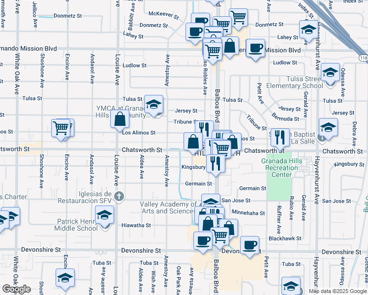 map of restaurants, bars, coffee shops, grocery stores, and more near 17068 Chatsworth Street in Los Angeles