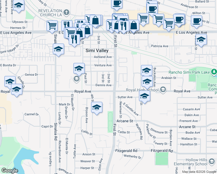 map of restaurants, bars, coffee shops, grocery stores, and more near 912 Royal Avenue in Simi Valley