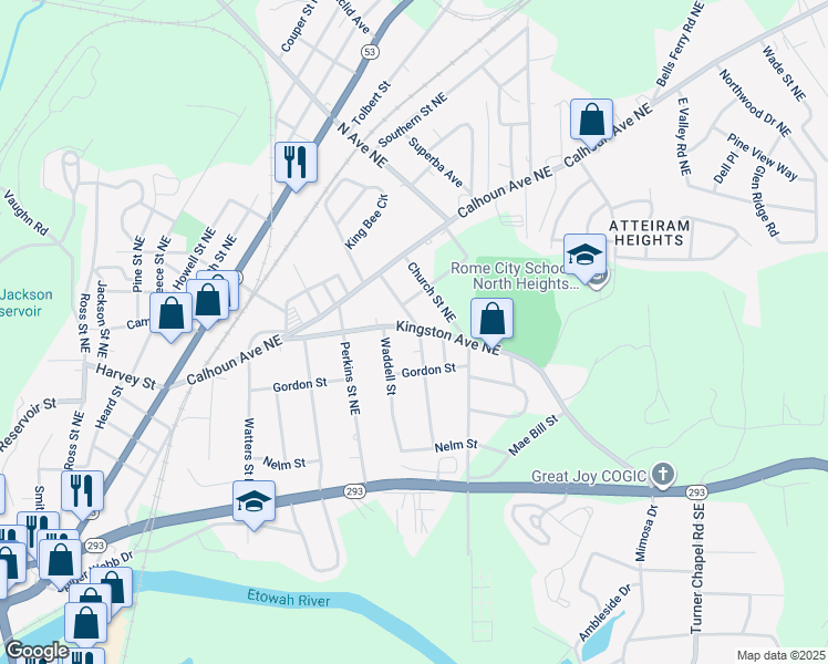 map of restaurants, bars, coffee shops, grocery stores, and more near 410 Kingston Avenue Northeast in Rome