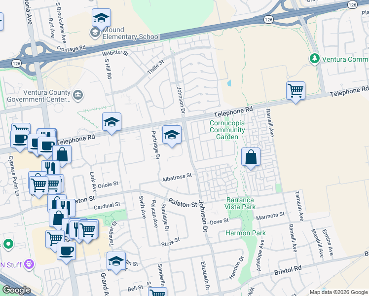 map of restaurants, bars, coffee shops, grocery stores, and more near 1327 Johnson Drive in Ventura