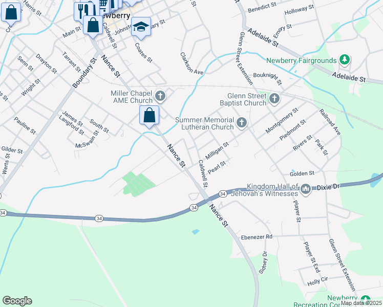 map of restaurants, bars, coffee shops, grocery stores, and more near 202 Hardeman Street in Newberry