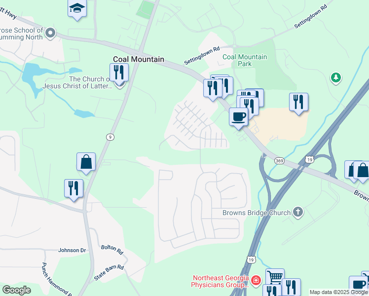 map of restaurants, bars, coffee shops, grocery stores, and more near 3845 New Salem Court in Cumming