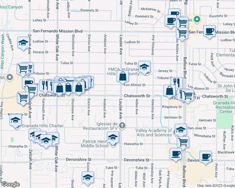 map of restaurants, bars, coffee shops, grocery stores, and more near 17311 Chatsworth Street in Granada Hills